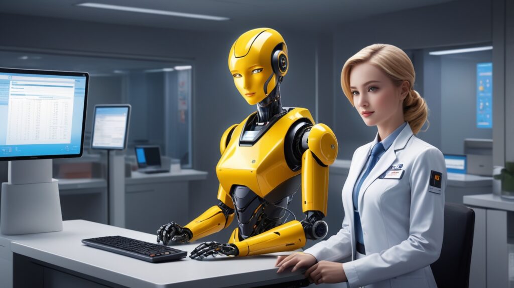 A futuristic hospital front desk featuring a sleek yellow AI robot assistant sitting beside a professional front desk officer dressed in a white lab coat. The AI robot is actively working on a keyboard, managing hospital communications and scheduling tasks. In the background, modern computer screens display digital information. The ambiance is clean, modern, and technology-driven, symbolizing efficient collaboration between humans and AI in healthcare.